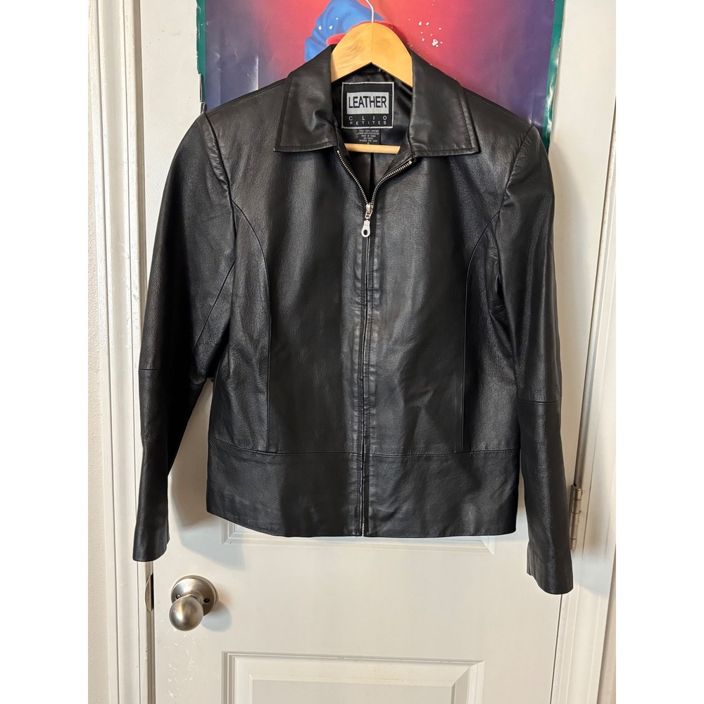 Clio Petites Womens Black Genuine Leather Full Zip Jacket Size 4 Classic Biker